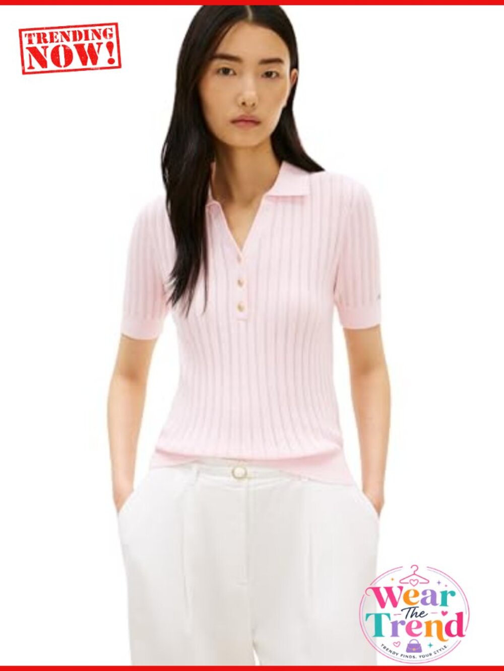 Pointelle Ribbed Knit Cotton Polo Sweater Button Collar Short Sleeve